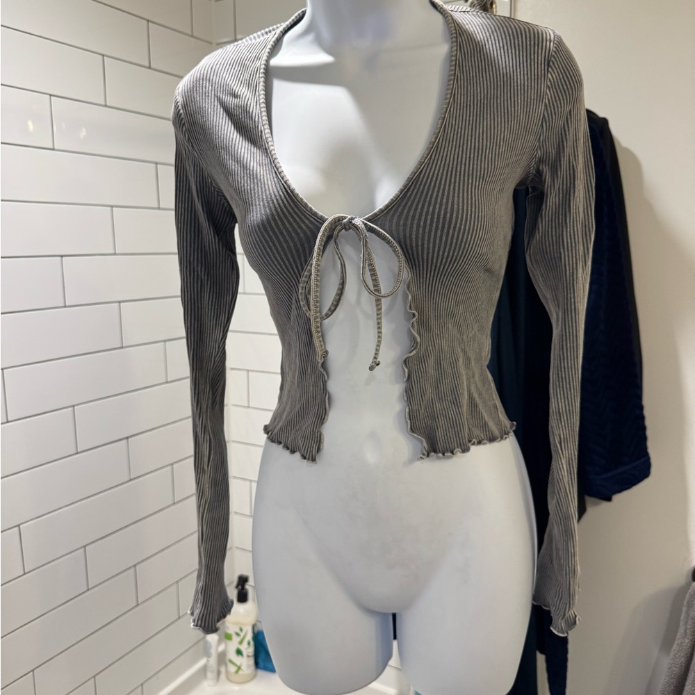 Windsor Charcoal Ribbed Tie-Front Crop Top